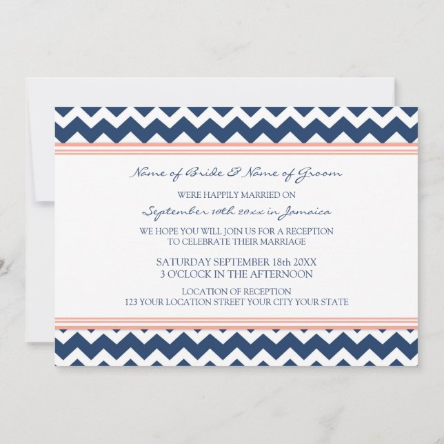 Invitación Recepción de matrimonio sólo Coral Azul Chevron (Reverso)