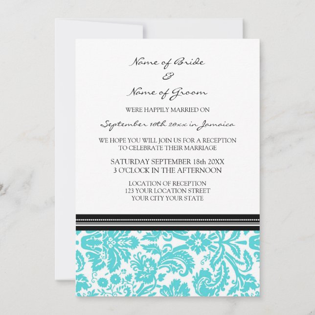 Invitación Recepción de matrimonio sólo Damasco Negro Aqua (Reverso)