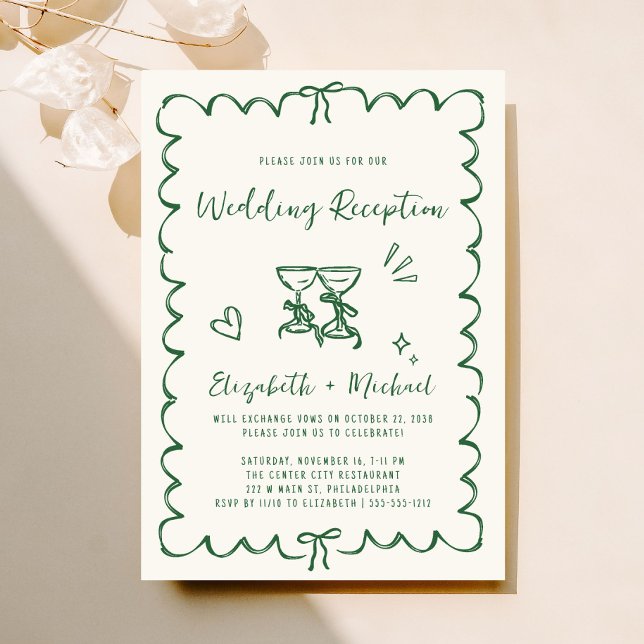 Invitación Recepción de matrimonio verde dibujada a mano capr (Fun reception invitation featuring whimsical hand drawn wine glasses with hearts + coquette bows)