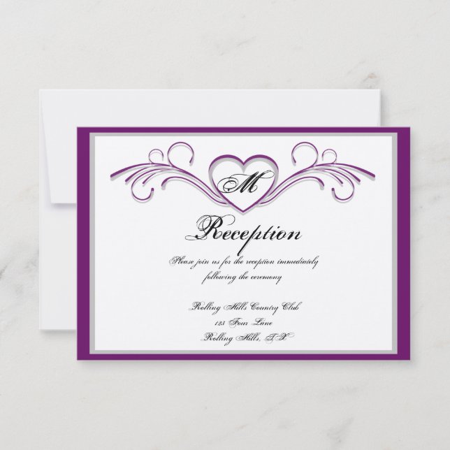 Invitación Recepción de monograma de pergamino morado y plate (Anverso)