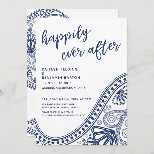Invitación Recepción de Navy Happily Ever After con estampado (Anverso / Reverso)