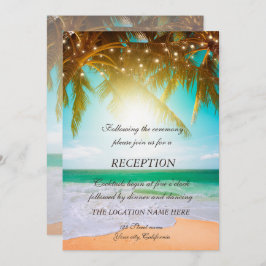 Invitación Recepción de playa, palmeras, sol, luces de cuerda