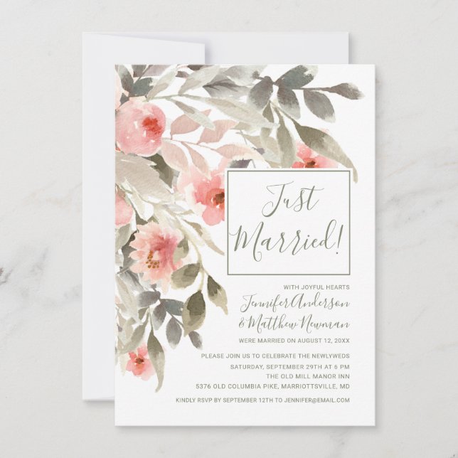 Invitación Recepción de Rosa Blush Acuarela Post-Boda (Anverso)