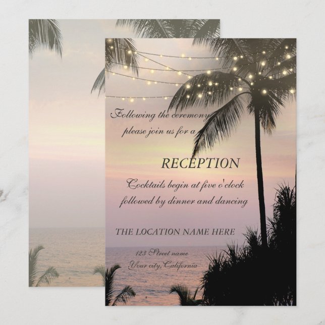 Invitación Recepción del atardecer de palmeras de bodas de pl (Anverso / Reverso)
