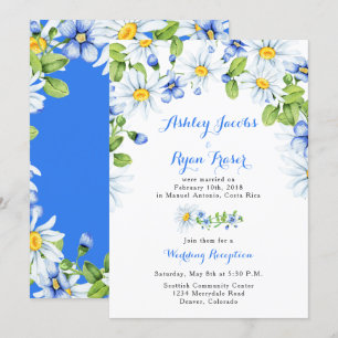 Invitación Recepción Después de la Boda Blue White Daisy Solo