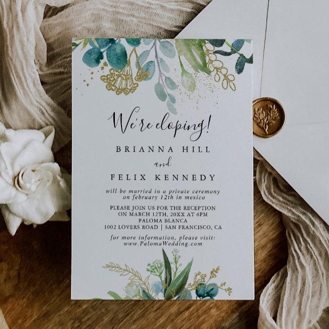 Invitación Recepción dorada de Elopement Tropical Green (Subido por el creador)
