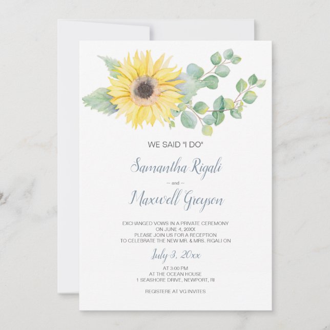 Invitación Recepción Elopement, Girasol Eucalyptus (Anverso)
