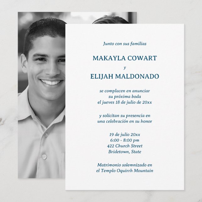 Invitación Recepción española de boda blanca y azul (Anverso / Reverso)