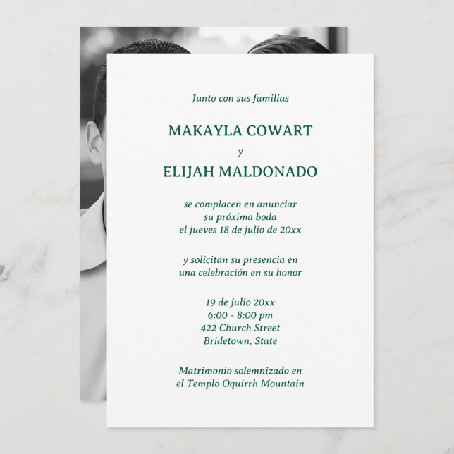 Invitación Recepción española de Boda Verde y Blanca (Anverso / Reverso)