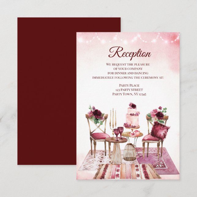 Invitación Recepción Floral Acuarela Bohemio Borgoña (Anverso / Reverso)