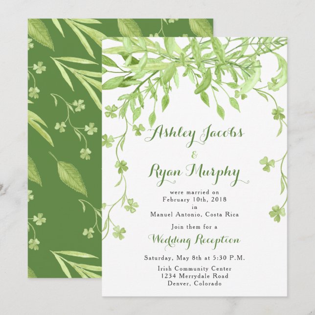 Invitación Recepción Floral de Verde Después de la Boda Solo (Anverso / Reverso)