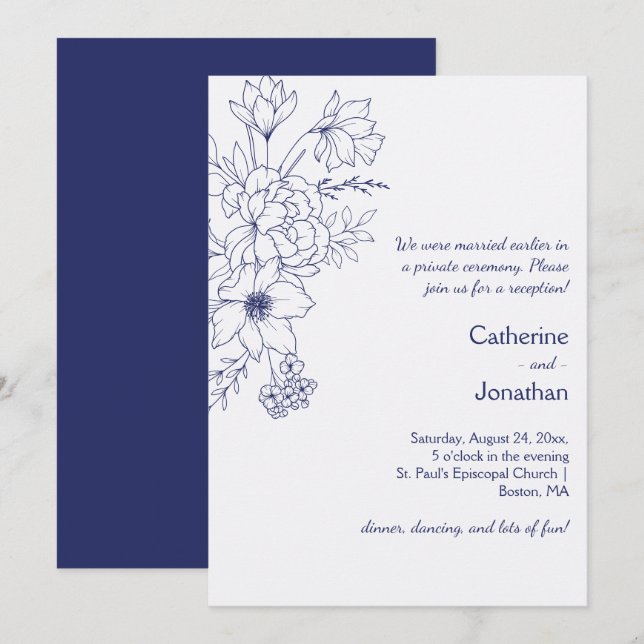 Invitación Recepción Floral Dibujada de Línea Azul Marítimo V (Anverso / Reverso)
