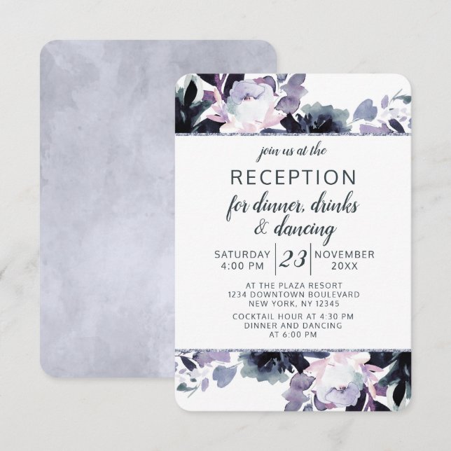 Invitación Recepción floral floral de marco plateado de bodas (Anverso / Reverso)