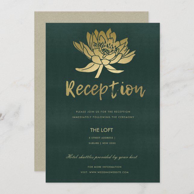 INVITACIÓN RECEPCIÓN FLORAL GLAMOROSA DE ORO OSCURO OSCURO VE (Anverso / Reverso)