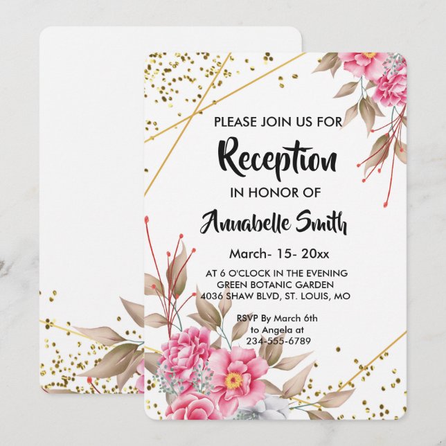 Invitación Recepción floral rosada con marco geométrico dorad (Anverso / Reverso)