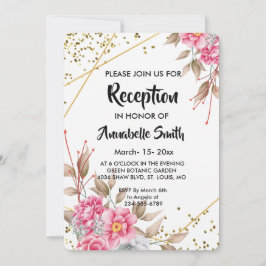 Invitación Recepción floral rosada con marco geométrico dorad