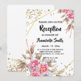Invitación Recepción floral rosada con marco geométrico dorad