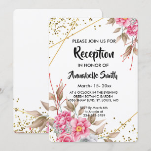 Invitación Recepción floral rosada con marco geométrico dorad