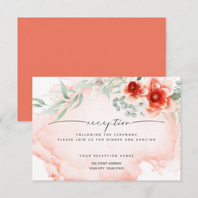 Invitación Recepción | Flores de coral acuarelas (Anverso / Reverso)