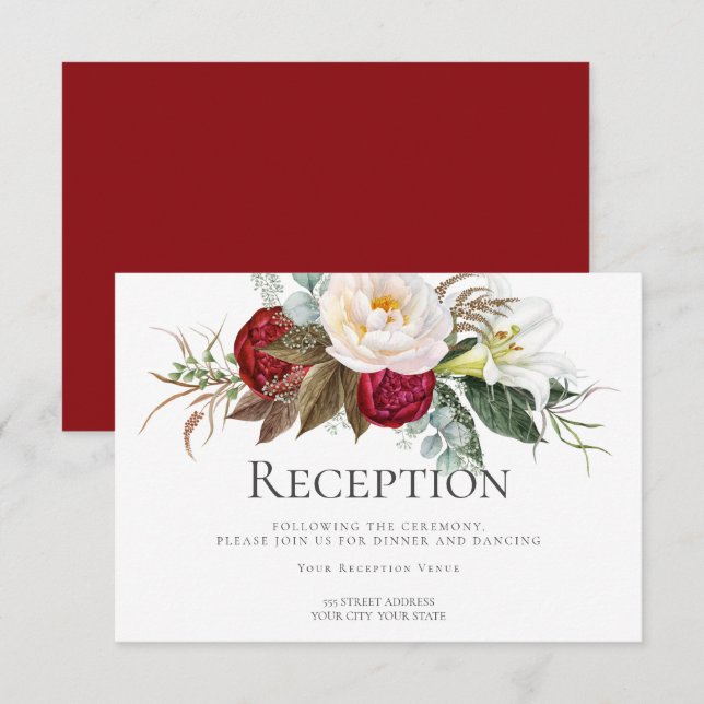 Invitación Recepción | Flores de Marfil Rojo Crimson Peony (Anverso / Reverso)