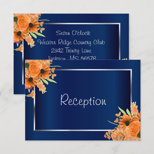 Invitación Recepción - Flores Naranjas Bonitos en azul marino (Anverso / Reverso)