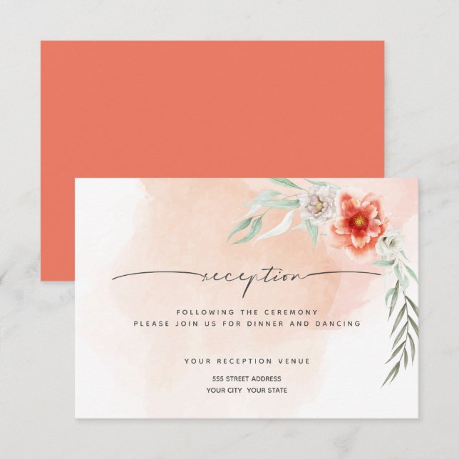 Invitación Recepción | Flores y salpicaduras de coral acuarel (Anverso / Reverso)