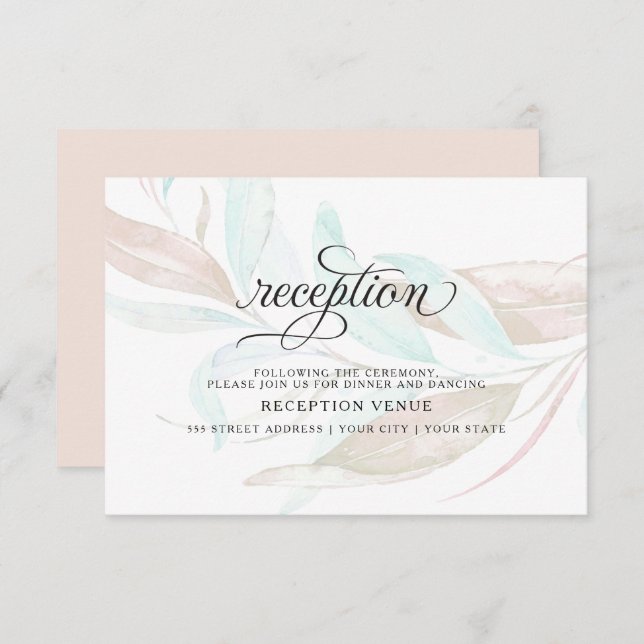 Invitación RECEPCIÓN | Foliage acuático Pastel Coral Aqua (Anverso / Reverso)