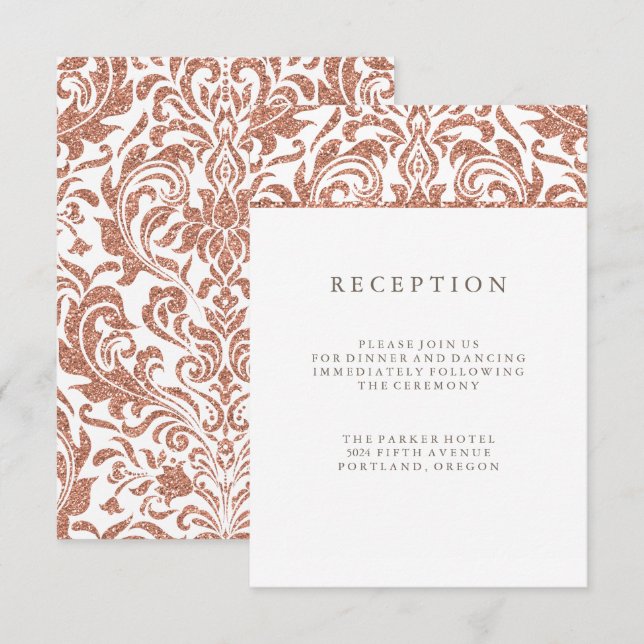 Invitación Recepción Glam Faux Rosa Dorado Damask Brillo (Anverso / Reverso)