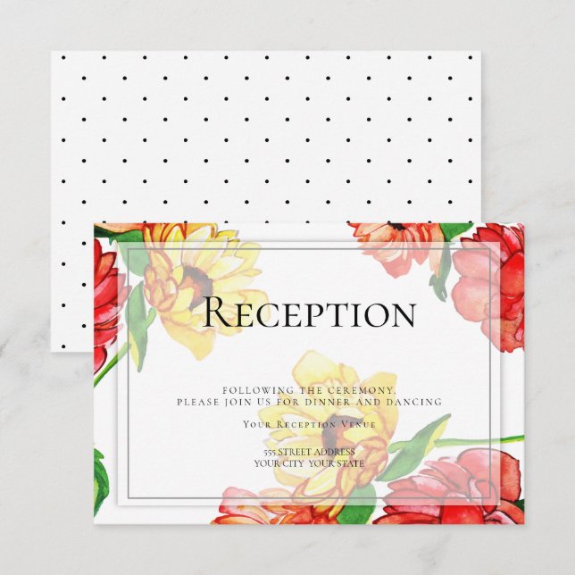 Invitación Recepción | Grandes Flores Amarillas Rojas Negrita (Anverso / Reverso)