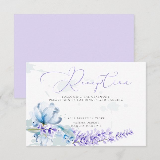 Invitación RECEPCIÓN | Lavanda acuarela - Floral azul turbia (Anverso / Reverso)