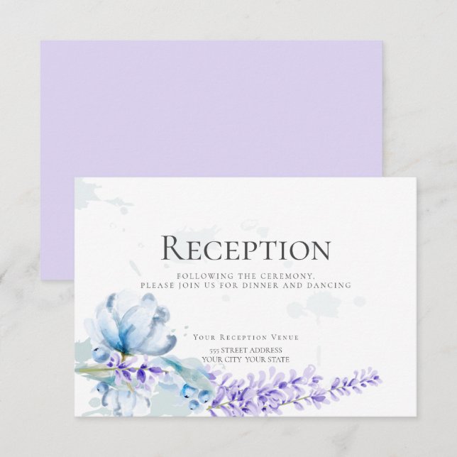 Invitación RECEPCIÓN | Lavanda acuarela - Floral azul turbia (Anverso / Reverso)