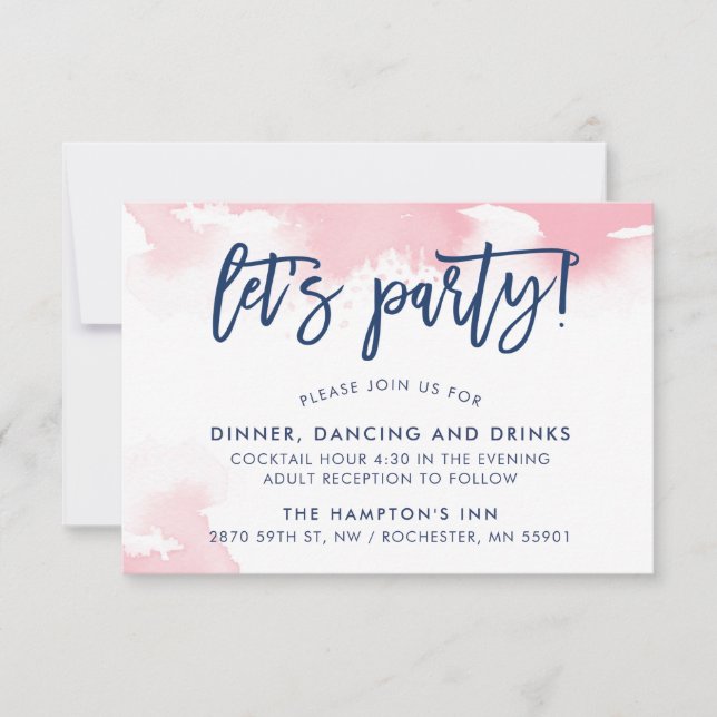 Invitación RECEPCIÓN letras a mano adorables acuarela rosa y  (Anverso)