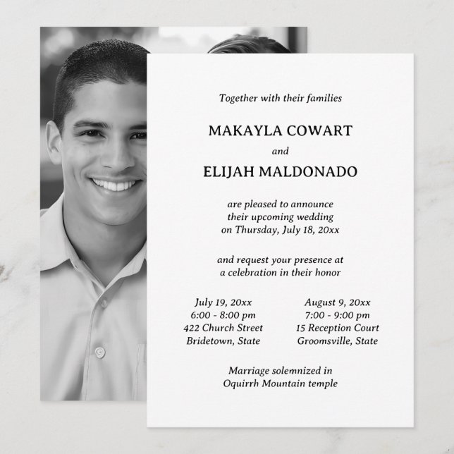 Invitación Recepción mínima de dos Bodas de Templo Blanco/Neg (Anverso / Reverso)