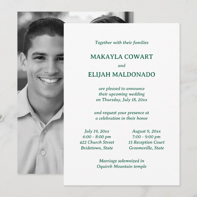 Invitación Recepción mínima Verde/Blanco Boda del Templo Dos (Anverso / Reverso)