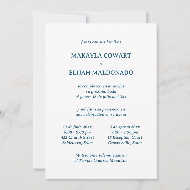 Invitación Recepción minimalista azul castellano-inglesa de d (Reverso)