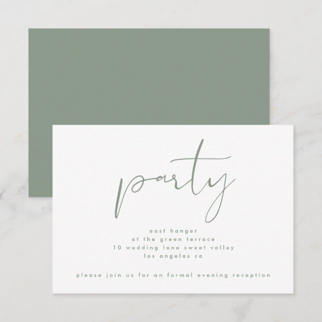 Invitación Recepción moderna de boda blanca neutra verde sabi (Anverso / Reverso)