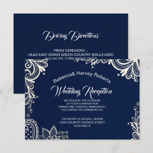 Invitación recepción náutica de boda azul marino de encaje bl (Anverso / Reverso)