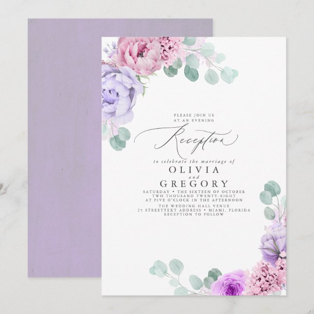 Invitación Recepción nocturna de Boda rosa y violeta (Anverso / Reverso)