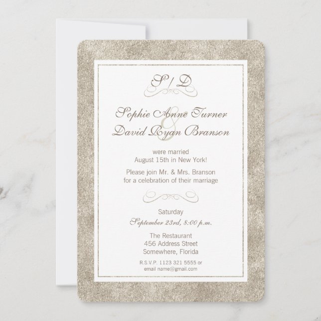 Invitación Recepción nocturna de Bodas de borde blanco y plat (Anverso)