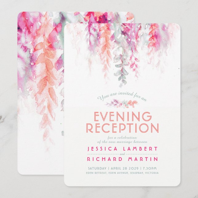 Invitación Recepción nocturna verde rosa de la vid de coral (Anverso / Reverso)