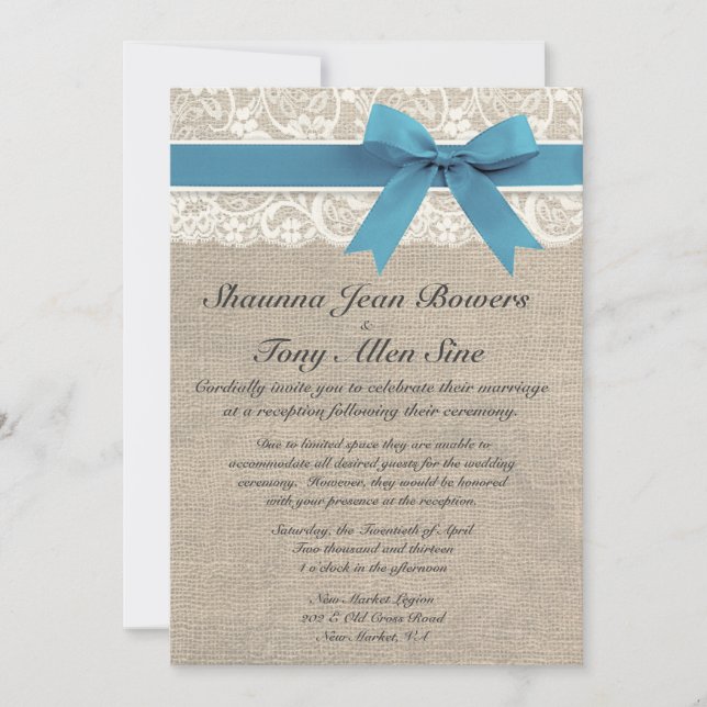 Invitación Recepción nupcial azul de la arpillera de la (Anverso)