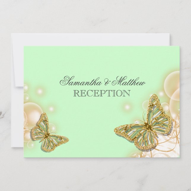Invitación Recepción nupcial beige verde de la mariposa (Anverso)