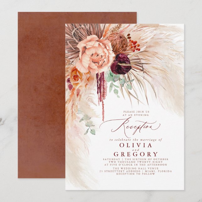 Invitación Recepción Pampas Grass Floral Borgoña Terracota (Anverso / Reverso)