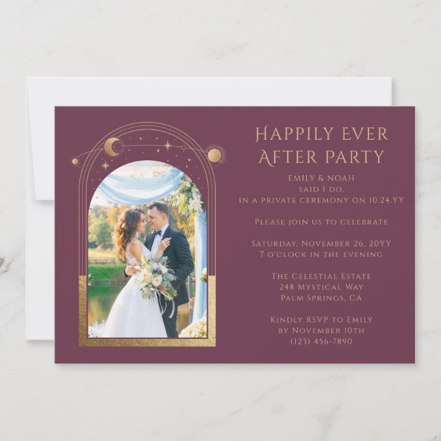 Invitación Recepción Plum Gold Celestial Happily Ever After (Anverso)