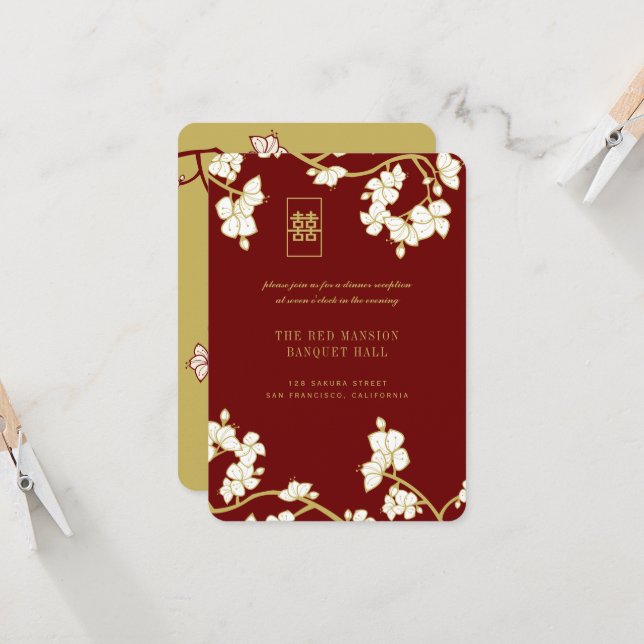 Invitación Recepción roja de doble felicidad de flores de cir (Anverso/Reverso In Situ)