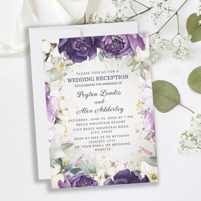 Invitación Recepción romántica morada blanca de boda floral (Subido por el creador)