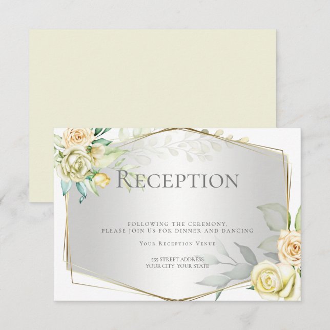Invitación Recepción | Rosas de Rubor marfil-amarillo acuarel (Anverso / Reverso)
