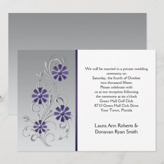 Invitación Recepción sólo con flores púrpura y plata (Anverso / Reverso)