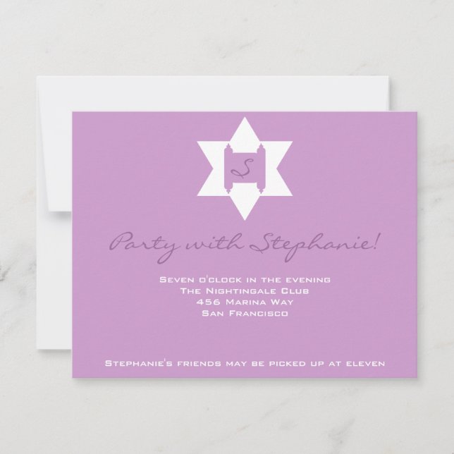 Invitación Recepción Stephanie Tess Bat Mitzvah Púrpura (Anverso)