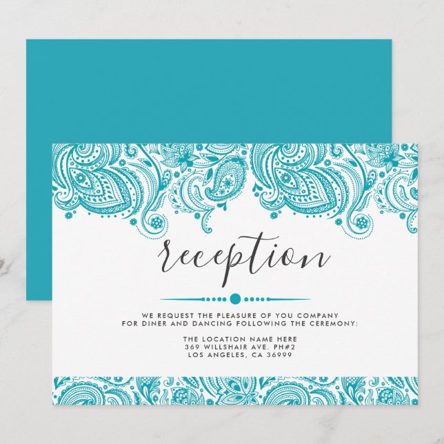 Invitación "Recepción" Turquesa Paisley Lace (Anverso / Reverso)